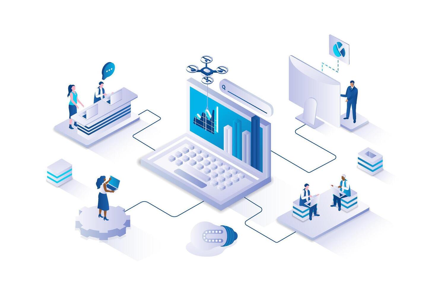 Illustration of people reviewing charts and data visualization dashboards