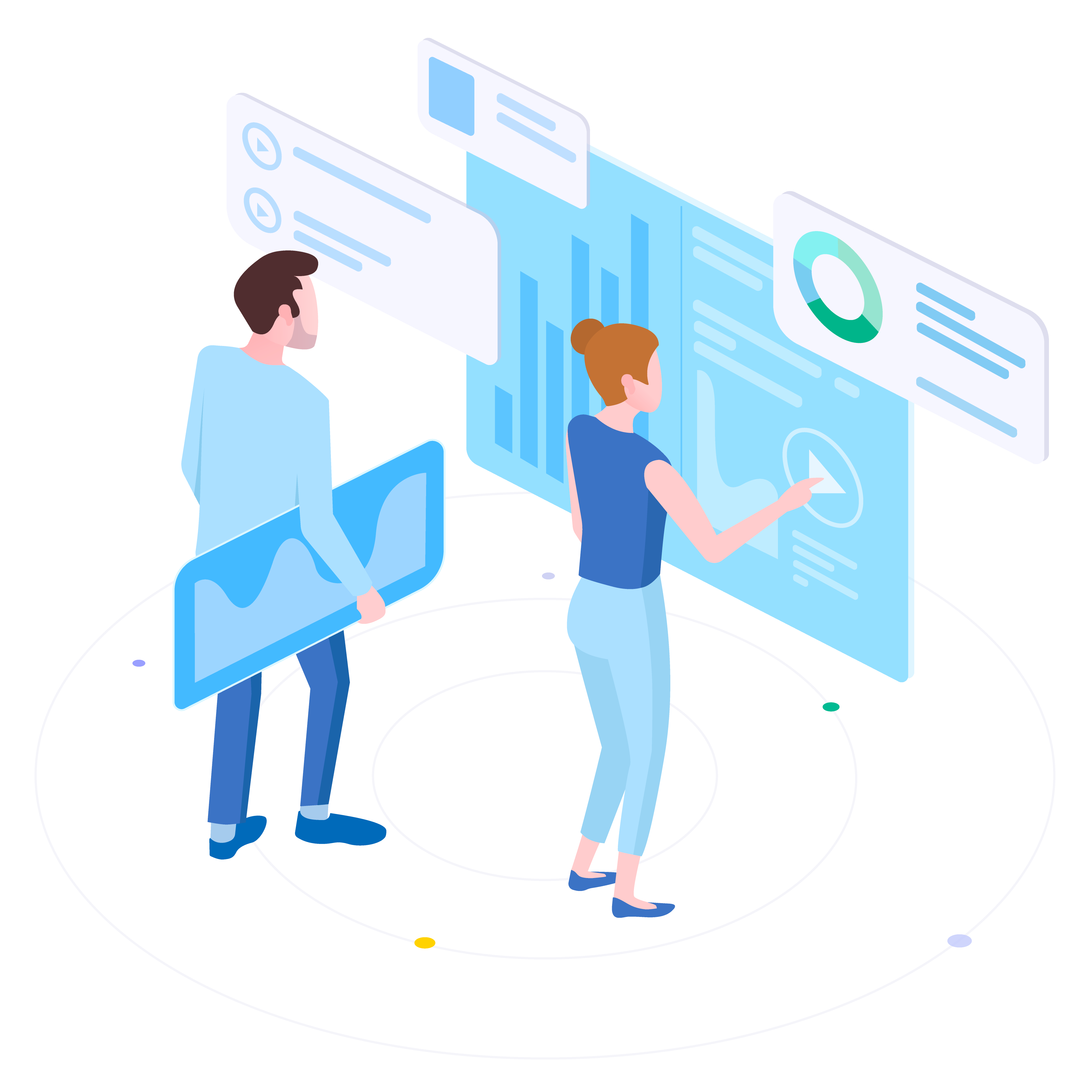 Illustration of process consultation with business planning and dashboard panels