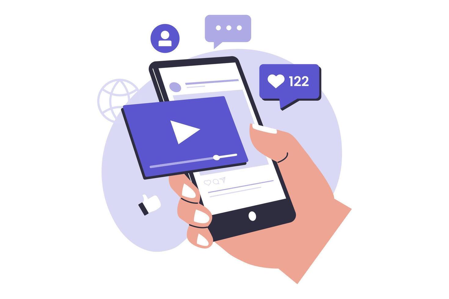 Illustration of social media video content and engagement icons