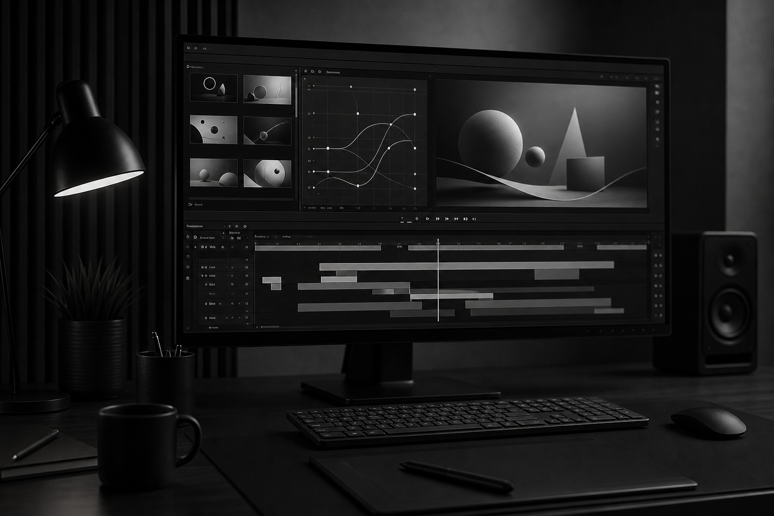 Dark video editing workstation showing a motion graphics timeline and animation preview