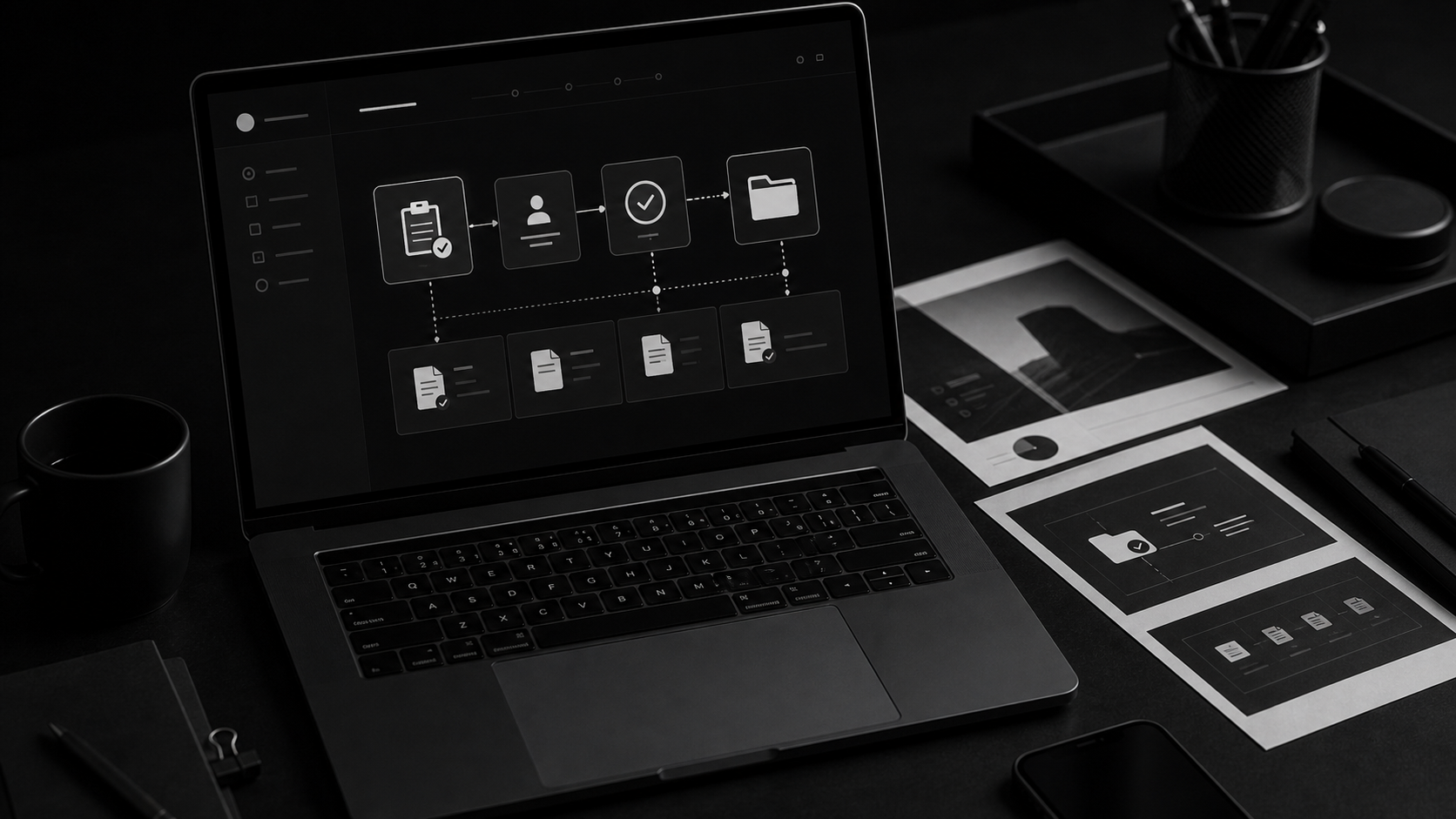 Dark laptop workspace showing an approval and document routing automation dashboard