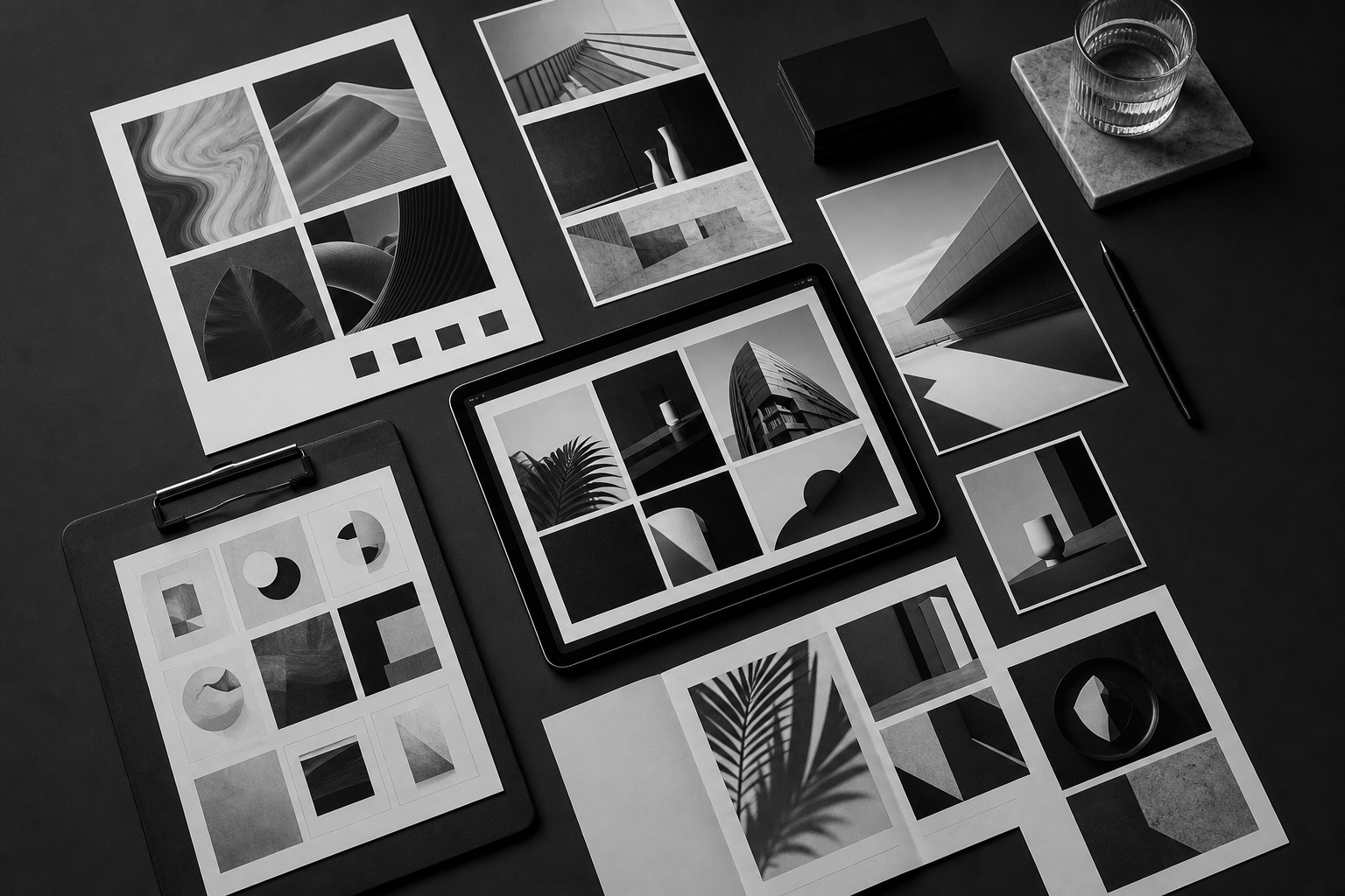 Monochrome flat lay of brand boards, campaign graphics, and digital marketing mockups