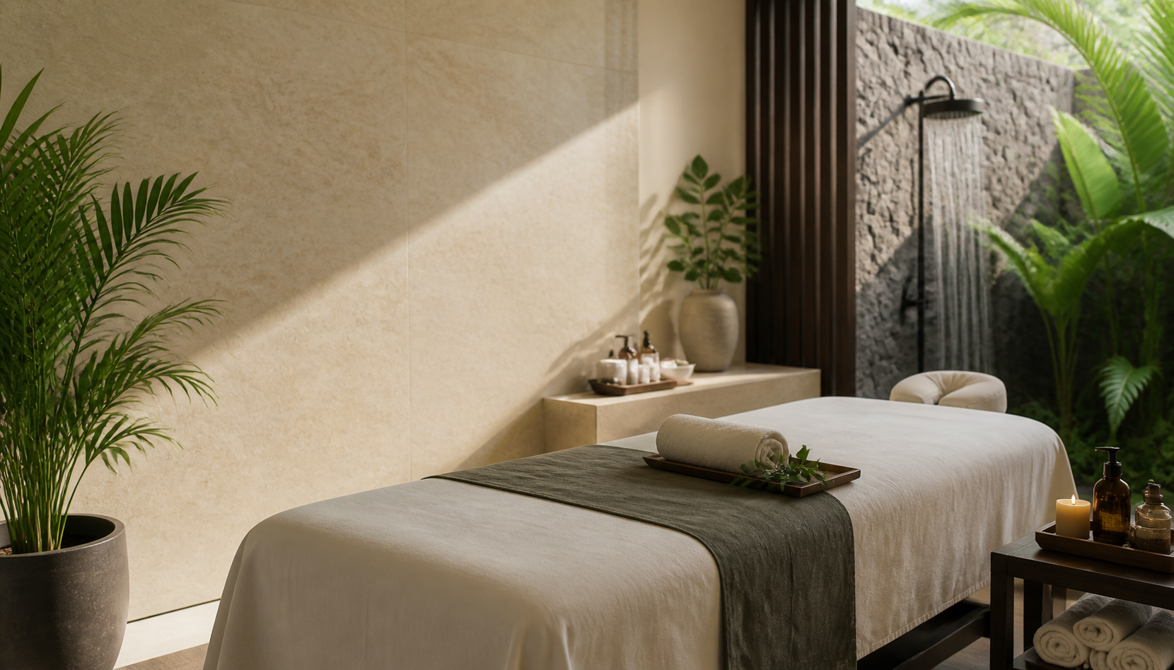 Serene wellness studio treatment room with massage table, folded linen, greenery, and soft daylight