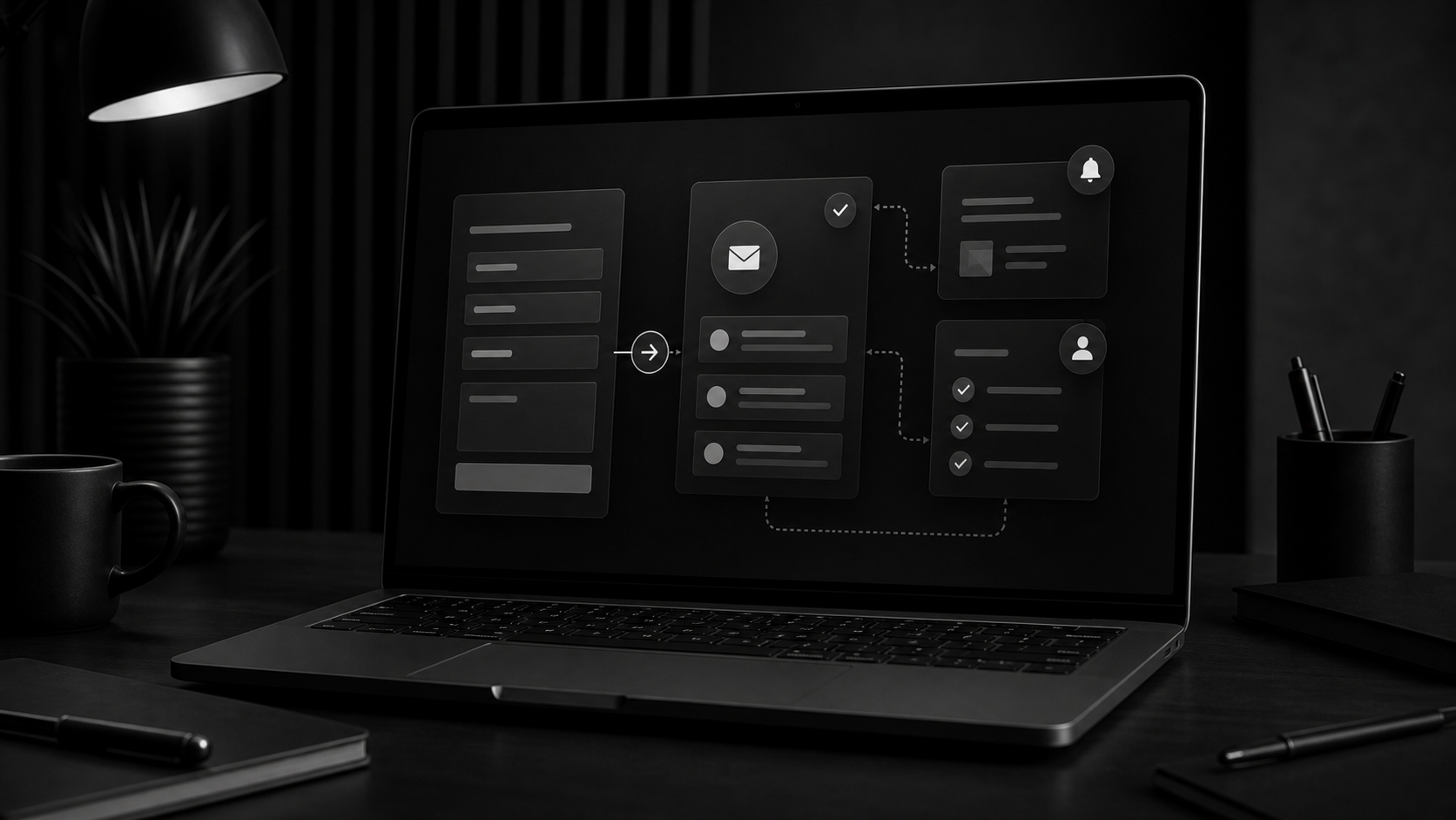 Dark laptop workspace showing a client intake notification automation flow