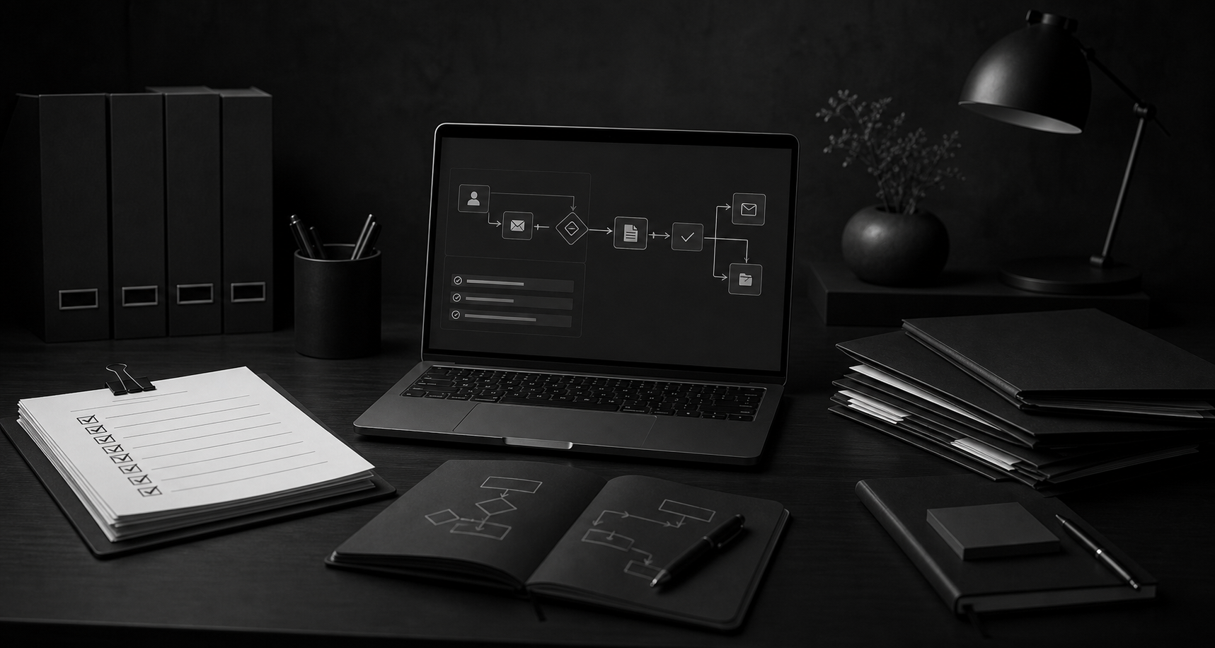 Dark editorial desk setup showing an onboarding automation workflow on a laptop