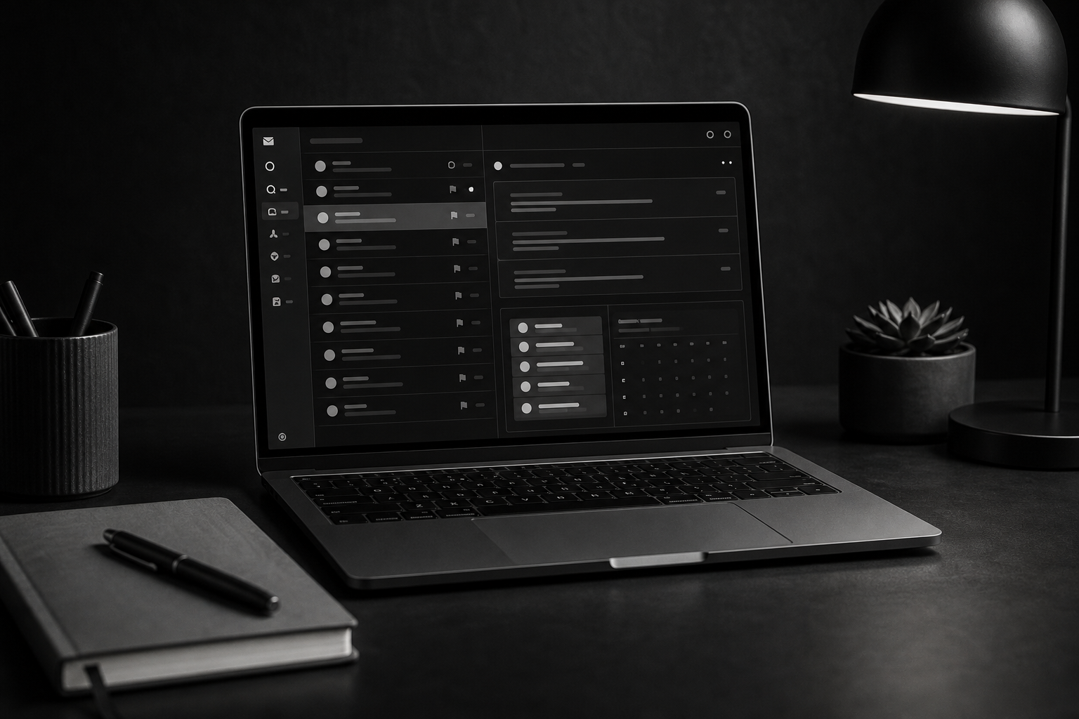 Monochrome laptop workspace showing an organized inbox and task queue interface