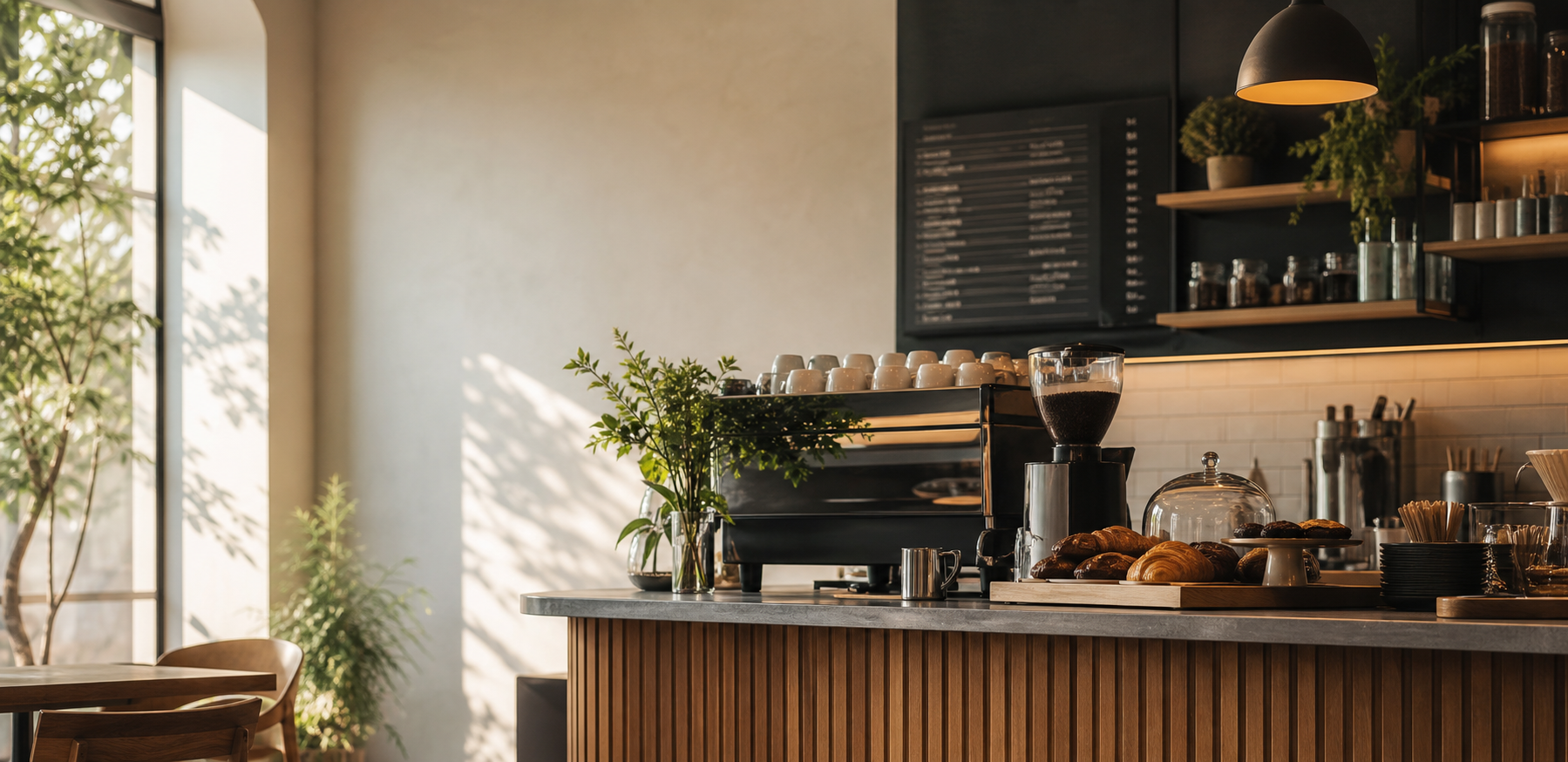 Warm cafe counter with coffee cups, pastries, plants, and soft morning light
