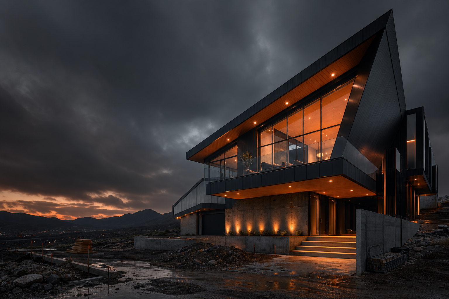 Dramatic modern construction building with angular roof lines and warm orange interior lighting