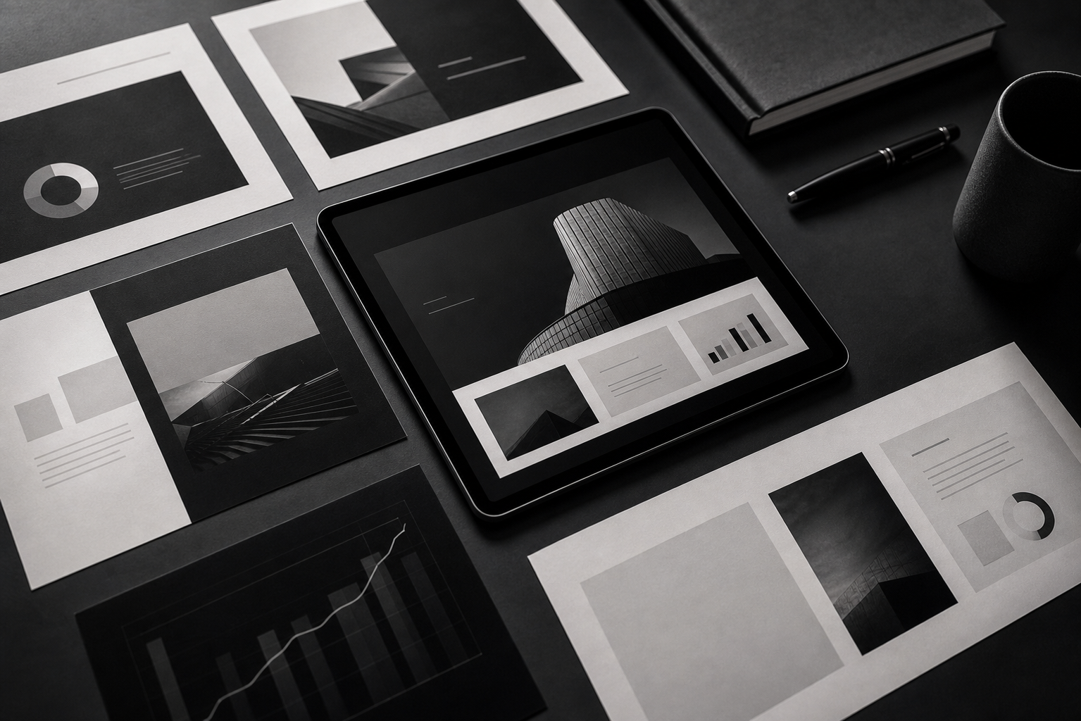 Black-and-white flat lay of social media content layouts and a tablet preview
