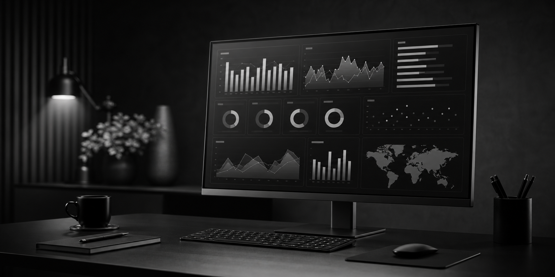 Monochrome monitor displaying a clean business analytics dashboard with charts and KPI panels