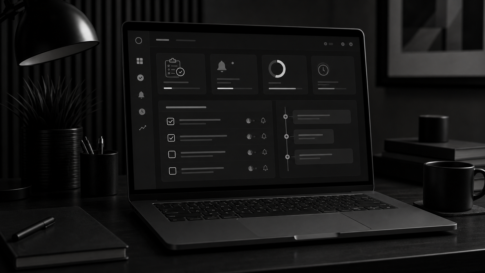 Dark laptop workspace showing an automated task follow-up tracker dashboard